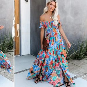 Vici dolls Put it in Print smocked off the shoulder maxi dress